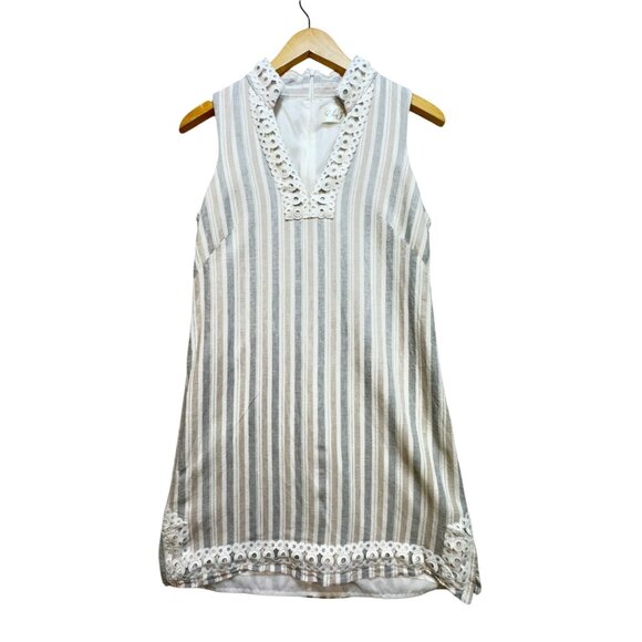 Eliza J Womens Stripe Shift Dress Size 8 Gray Beige Eyelet Trim Linen Blend Boho - Picture 1 of 14